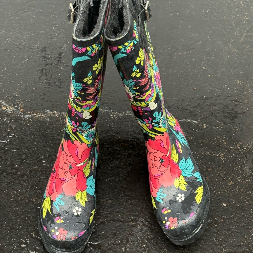 Floral Rain Boots - Black Fleece Lined with Bright Multicolor Flowers